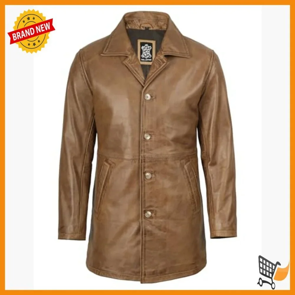 Men's Lambskin Leather Car Coat Trench Style Button Closure Lined